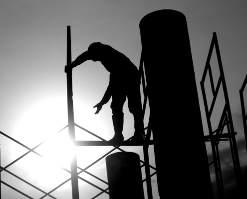 construction worker black and white photo